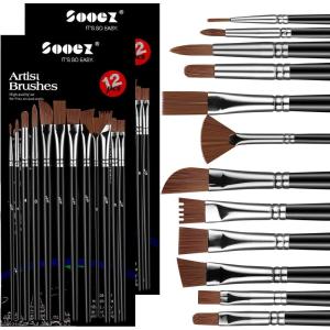imageSooez 24Pcs Professional Art Paint Brushes Set 12 DifferentSize Brush for Acrylic Oil Watercolor 7 Shapes for Body Nail Face Painting Arts Crafts Supplies for Beginners Artists Adult Kids