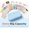 imageSooez Large Pencil Case PouchExtra Big Pencil Bag with 8 CompartmentsPen Bag Wide OpeningSoft Quilted Pencil Pouch Organizer with ZipperPortable Pencil Case for Teen GirlsBeigeBlue