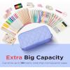 imageSooez Large Pencil Case PouchExtra Big Pencil Bag with 8 CompartmentsPen Bag Wide OpeningSoft Quilted Pencil Pouch Organizer with ZipperPortable Pencil Case for Teen GirlsBeigeDark Blue
