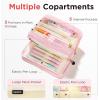 imageSooez Large Pencil Case PouchExtra Big Pencil Bag with 8 CompartmentsPen Bag Wide OpeningSoft Quilted Pencil Pouch Organizer with ZipperPortable Pencil Case for Teen GirlsBeigePink