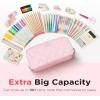 imageSooez Large Pencil Case PouchExtra Big Pencil Bag with 8 CompartmentsPen Bag Wide OpeningSoft Quilted Pencil Pouch Organizer with ZipperPortable Pencil Case for Teen GirlsBeigePink