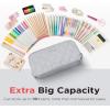 imageSooez Large Pencil Case PouchExtra Big Pencil Bag with 8 CompartmentsPen Bag Wide OpeningSoft Quilted Pencil Pouch Organizer with ZipperPortable Pencil Case for Teen GirlsBeigeGray