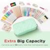 imageSooez Large Pencil Case PouchExtra Big Pencil Bag with 8 CompartmentsPen Bag Wide OpeningSoft Quilted Pencil Pouch Organizer with ZipperPortable Pencil Case for Teen GirlsBeigeGreen