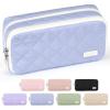imageSooez Large Pencil Case PouchExtra Big Pencil Bag with 8 CompartmentsPen Bag Wide OpeningSoft Quilted Pencil Pouch Organizer with ZipperPortable Pencil Case for Teen GirlsBeigeLight Blue