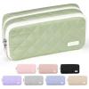 imageSooez Large Pencil Case PouchExtra Big Pencil Bag with 8 CompartmentsPen Bag Wide OpeningSoft Quilted Pencil Pouch Organizer with ZipperPortable Pencil Case for Teen GirlsBeigeLight Green
