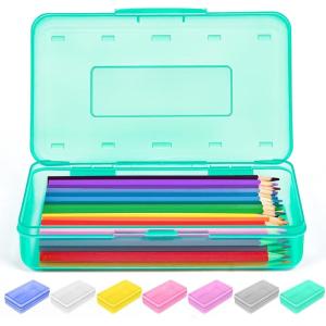imageSooez 1 Pack Clear Pencil Box Plastic Hard Pencil Case with Stickers Large Crayon Box with Snaptight Lid Stackable Storage Box Art Craft Marker Organizer Box for Kids Boys Back to School YellowTurquoise
