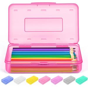 imageSooez 1 Pack Clear Pencil Box Plastic Hard Pencil Case with Stickers Large Crayon Box with Snaptight Lid Stackable Storage Box Art Craft Marker Organizer Box for Kids Boys Back to School YellowPink