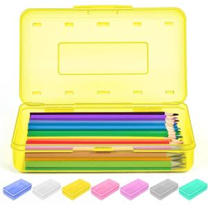 imageSooez 1 Pack Clear Pencil Box Plastic Hard Pencil Case with Stickers Large Crayon Box with Snaptight Lid Stackable Storage Box Art Craft Marker Organizer Box for Kids Boys Back to School YellowYellow