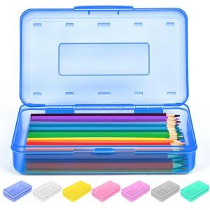 imageSooez 1 Pack Clear Pencil Box Plastic Hard Pencil Case with Stickers Large Crayon Box with Snaptight Lid Stackable Storage Box Art Craft Marker Organizer Box for Kids Boys Back to School YellowANavy blue
