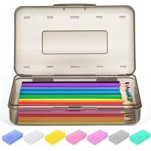 imageSooez 1 Pack Clear Pencil Box Plastic Hard Pencil Case with Stickers Large Crayon Box with Snaptight Lid Stackable Storage Box Art Craft Marker Organizer Box for Kids Boys Back to School YellowDark Gray