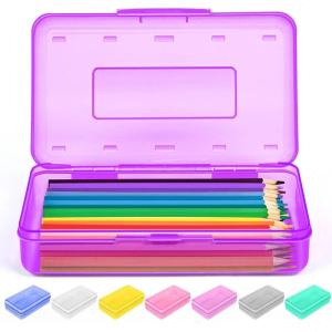 imageSooez 1 Pack Clear Pencil Box Plastic Hard Pencil Case with Stickers Large Crayon Box with Snaptight Lid Stackable Storage Box Art Craft Marker Organizer Box for Kids Boys Back to School YellowPurple