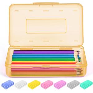 imageSooez 1 Pack Clear Pencil Box Plastic Hard Pencil Case with Stickers Large Crayon Box with Snaptight Lid Stackable Storage Box Art Craft Marker Organizer Box for Kids Boys Back to School YellowOrange