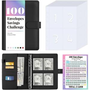 imageSooez 100 Envelopes Money Saving Challenge Savings Challenges Book with Envelopes ampamp Challenge Tracker Motivational Process to Save 5050 Money Saving Binder 100 Pocket PreNumbered PurpleBlack