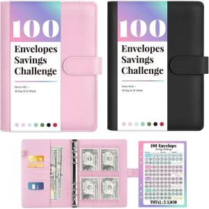 imageSooez 100 Envelopes Money Saving Challenge Savings Challenges Book with Envelopes ampamp Challenge Tracker Motivational Process to Save 5050 Money Saving Binder 100 Pocket PreNumbered PurpleBlack and Pink