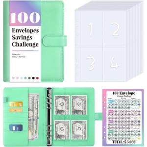 imageSooez 100 Envelopes Money Saving Challenge Savings Challenges Book with Envelopes ampamp Challenge Tracker Motivational Process to Save 5050 Money Saving Binder 100 Pocket PreNumbered PurpleGreen