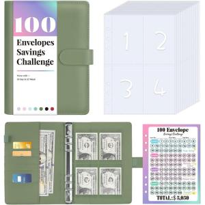 imageSooez 100 Envelopes Money Saving Challenge Savings Challenges Book with Envelopes ampamp Challenge Tracker Motivational Process to Save 5050 Money Saving Binder 100 Pocket PreNumbered PurpleOlivegreen