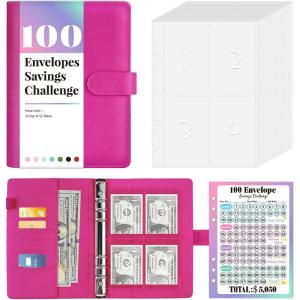 imageSooez 100 Envelopes Money Saving Challenge Savings Challenges Book with Envelopes ampamp Challenge Tracker Motivational Process to Save 5050 Money Saving Binder 100 Pocket PreNumbered PurpleHot Pink