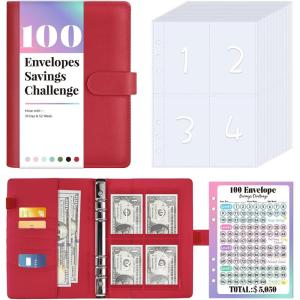 imageSooez 100 Envelopes Money Saving Challenge Savings Challenges Book with Envelopes ampamp Challenge Tracker Motivational Process to Save 5050 Money Saving Binder 100 Pocket PreNumbered PurplePoinsettia