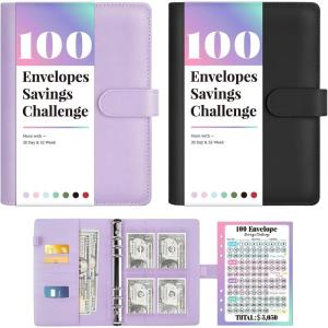 imageSooez 100 Envelopes Money Saving Challenge Savings Challenges Book with Envelopes ampamp Challenge Tracker Motivational Process to Save 5050 Money Saving Binder 100 Pocket PreNumbered PurpleBlack and Purple