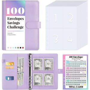 imageSooez 100 Envelopes Money Saving Challenge Savings Challenges Book with Envelopes ampamp Challenge Tracker Motivational Process to Save 5050 Money Saving Binder 100 Pocket PreNumbered PurplePurple