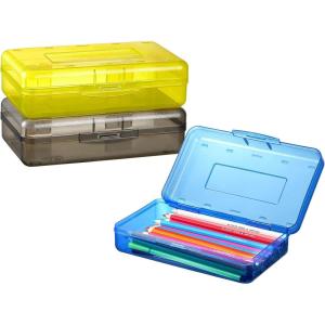 imageSooez 3 Pack Pencil Case Large Hard Pencil Box Bulk Clear Crayon Box Marker Pen Organizer Plastic Storage Container with Snap Lid Stackable Art Craft Organizer Back to School SuppliesNavy blue Yellow Dark gray