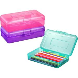 imageSooez 3 Pack Pencil Case Large Hard Pencil Box Bulk Clear Crayon Box Marker Pen Organizer Plastic Storage Container with Snap Lid Stackable Art Craft Organizer Back to School SuppliesPink Turquoise Purple