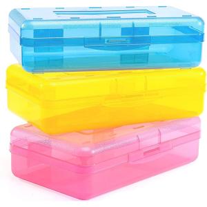imageSooez 3 Pack Pencil Case Large Hard Pencil Box Bulk Clear Crayon Box Marker Pen Organizer Plastic Storage Container with Snap Lid Stackable Art Craft Organizer Back to School SuppliesBlue  Yellow  Pink