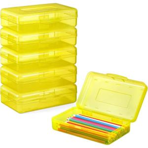 imageSooez 6 Pack Pencil BoxHard Pencil Boxes for School Supplies Bulk Large Plastic Pencil Case with Lid Clear Pencil Container Stackable School Crayon Boxes Bulk for KidsYellow