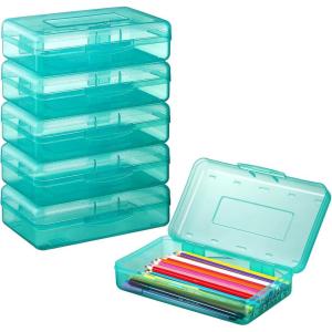 imageSooez 6 Pack Pencil BoxHard Pencil Boxes for School Supplies Bulk Large Plastic Pencil Case with Lid Clear Pencil Container Stackable School Crayon Boxes Bulk for KidsTurquoise