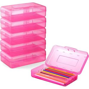 imageSooez 6 Pack Pencil BoxHard Pencil Boxes for School Supplies Bulk Large Plastic Pencil Case with Lid Clear Pencil Container Stackable School Crayon Boxes Bulk for KidsPink