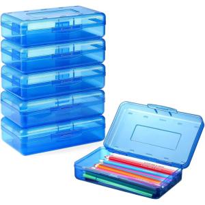 imageSooez 6 Pack Pencil BoxHard Pencil Boxes for School Supplies Bulk Large Plastic Pencil Case with Lid Clear Pencil Container Stackable School Crayon Boxes Bulk for KidsNavy Blue