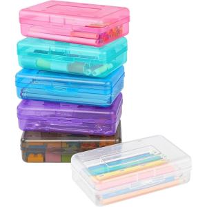imageSooez 6 Pack Pencil BoxHard Pencil Boxes for School Supplies Bulk Large Plastic Pencil Case with Lid Clear Pencil Container Stackable School Crayon Boxes Bulk for KidsMulticolor