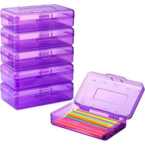 imageSooez 6 Pack Pencil BoxHard Pencil Boxes for School Supplies Bulk Large Plastic Pencil Case with Lid Clear Pencil Container Stackable School Crayon Boxes Bulk for KidsPurple