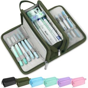 imageSooez Large Pencil Case Big Capacity Pencil Pouch Pen Bag with 3 Compartment Portable Canvas Stationery Organizer with Zipper Cute Aesthetic School Supplies for Teen Girls College Pink with PlaidArmy Green with Plaid