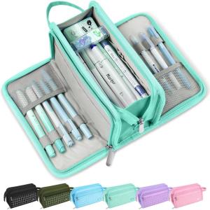 imageSooez Large Pencil Case Big Capacity Pencil Pouch Pen Bag with 3 Compartment Portable Canvas Stationery Organizer with Zipper Cute Aesthetic School Supplies for Teen Girls College Pink with PlaidCeladon with Plaid