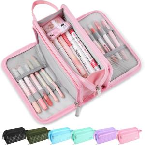 imageSooez Large Pencil Case Big Capacity Pencil Pouch Pen Bag with 3 Compartment Portable Canvas Stationery Organizer with Zipper Cute Aesthetic School Supplies for Teen Girls College Pink with PlaidPink with Plaid