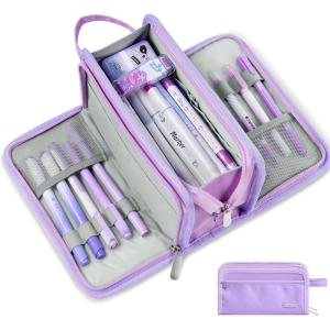 imageSooez Large Pencil Case Big Capacity Pencil Pouch Pen Bag with 3 Compartment Portable Canvas Stationery Organizer with Zipper Cute Aesthetic School Supplies for Teen Girls College Pink with PlaidPure Purple