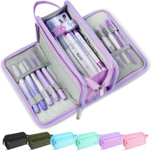 imageSooez Large Pencil Case Big Capacity Pencil Pouch Pen Bag with 3 Compartment Portable Canvas Stationery Organizer with Zipper Cute Aesthetic School Supplies for Teen Girls College Pink with PlaidPurple with Plaid