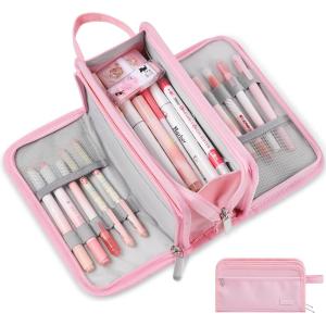 imageSooez Large Pencil Case Big Capacity Pencil Pouch Pen Bag with 3 Compartment Portable Canvas Stationery Organizer with Zipper Cute Aesthetic School Supplies for Teen Girls College Pink with PlaidPink