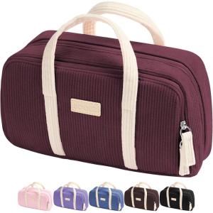 imageSooez Large Pencil Case Pouch Extra Big Pencil Bag with 5 Compartments Pen Bag Wide Opening Soft Corduroy Pencil Pouch Organizer with Zipper Cute Aesthetic School Supplies for Teen GirlsPurpleRed with Beige Handle