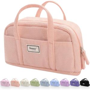 imageSooez Large Pencil Case Pouch Extra Big Pencil Bag with 5 Compartments Pen Bag Wide Opening Soft Corduroy Pencil Pouch Organizer with Zipper Cute Aesthetic School Supplies for Teen GirlsPurpleCoral