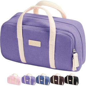 imageSooez Large Pencil Case Pouch Extra Big Pencil Bag with 5 Compartments Pen Bag Wide Opening Soft Corduroy Pencil Pouch Organizer with Zipper Cute Aesthetic School Supplies for Teen GirlsPurplePurple with Beige Handle