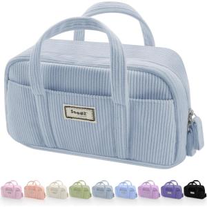 imageSooez Large Pencil Case Pouch Extra Big Pencil Bag with 5 Compartments Pen Bag Wide Opening Soft Corduroy Pencil Pouch Organizer with Zipper Cute Aesthetic School Supplies for Teen GirlsPurpleBlue