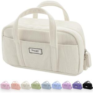 imageSooez Large Pencil Case Pouch Extra Big Pencil Bag with 5 Compartments Pen Bag Wide Opening Soft Corduroy Pencil Pouch Organizer with Zipper Cute Aesthetic School Supplies for Teen GirlsPurpleBeige