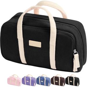 imageSooez Large Pencil Case Pouch Extra Big Pencil Bag with 5 Compartments Pen Bag Wide Opening Soft Corduroy Pencil Pouch Organizer with Zipper Cute Aesthetic School Supplies for Teen GirlsPurpleBlack with Beige Handle