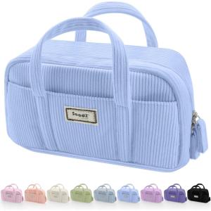 imageSooez Large Pencil Case Pouch Extra Big Pencil Bag with 5 Compartments Pen Bag Wide Opening Soft Corduroy Pencil Pouch Organizer with Zipper Cute Aesthetic School Supplies for Teen GirlsPurpleSky Blue