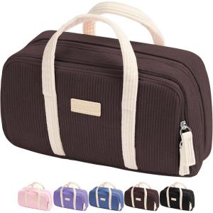 imageSooez Large Pencil Case Pouch Extra Big Pencil Bag with 5 Compartments Pen Bag Wide Opening Soft Corduroy Pencil Pouch Organizer with Zipper Cute Aesthetic School Supplies for Teen GirlsPurpleBrown with Beige Handle