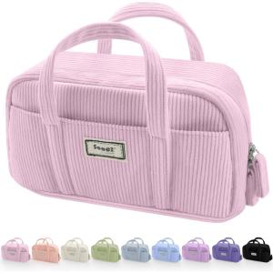 imageSooez Large Pencil Case Pouch Extra Big Pencil Bag with 5 Compartments Pen Bag Wide Opening Soft Corduroy Pencil Pouch Organizer with Zipper Cute Aesthetic School Supplies for Teen GirlsPurpleLight Pink