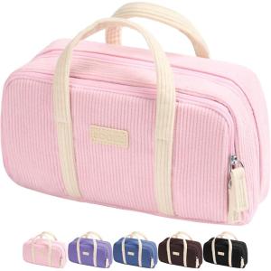imageSooez Large Pencil Case Pouch Extra Big Pencil Bag with 5 Compartments Pen Bag Wide Opening Soft Corduroy Pencil Pouch Organizer with Zipper Cute Aesthetic School Supplies for Teen GirlsPurplePink with Beige Handle