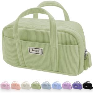 imageSooez Large Pencil Case Pouch Extra Big Pencil Bag with 5 Compartments Pen Bag Wide Opening Soft Corduroy Pencil Pouch Organizer with Zipper Cute Aesthetic School Supplies for Teen GirlsPurpleGreen